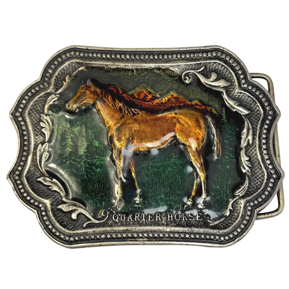 VTG Quarter Horse Belt Buckle 70s Pewter Fantasy Tiffany Western Equestrian